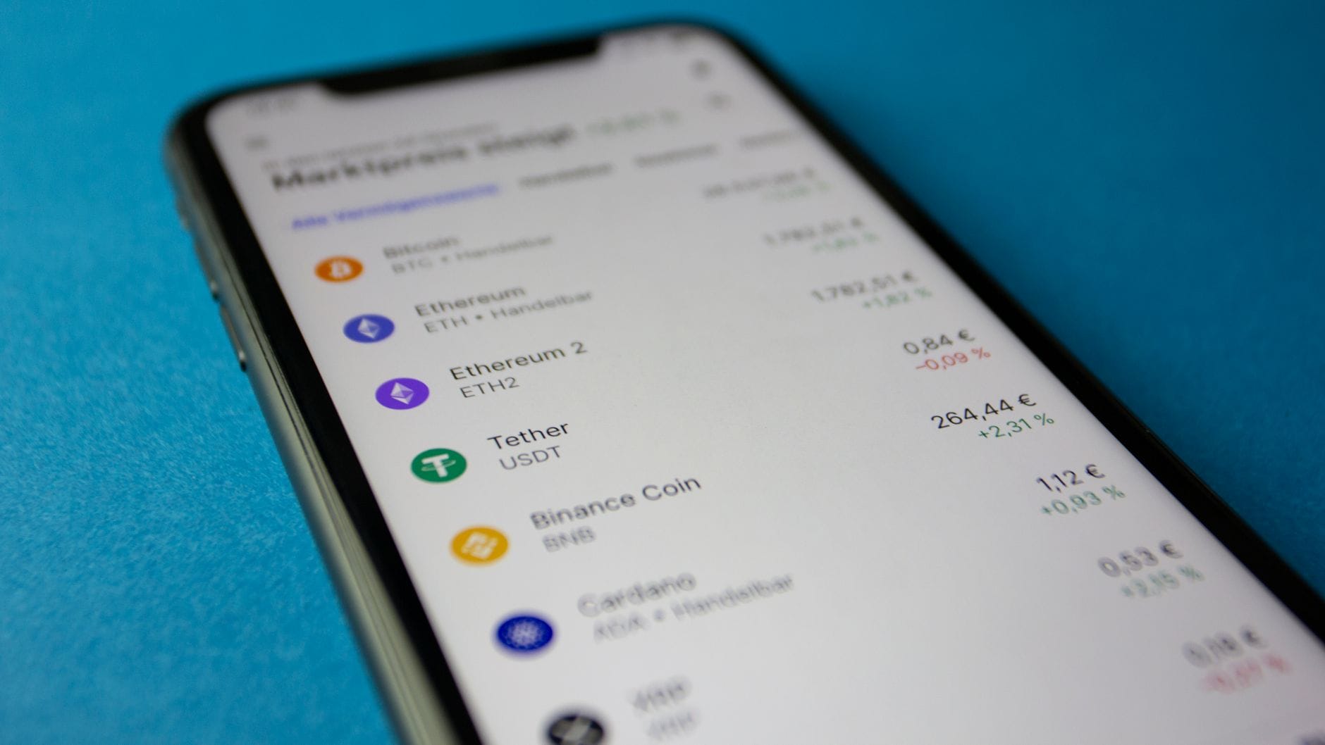 Smartfon z wyświetlonymi wykresami i listą cen kryptowalut